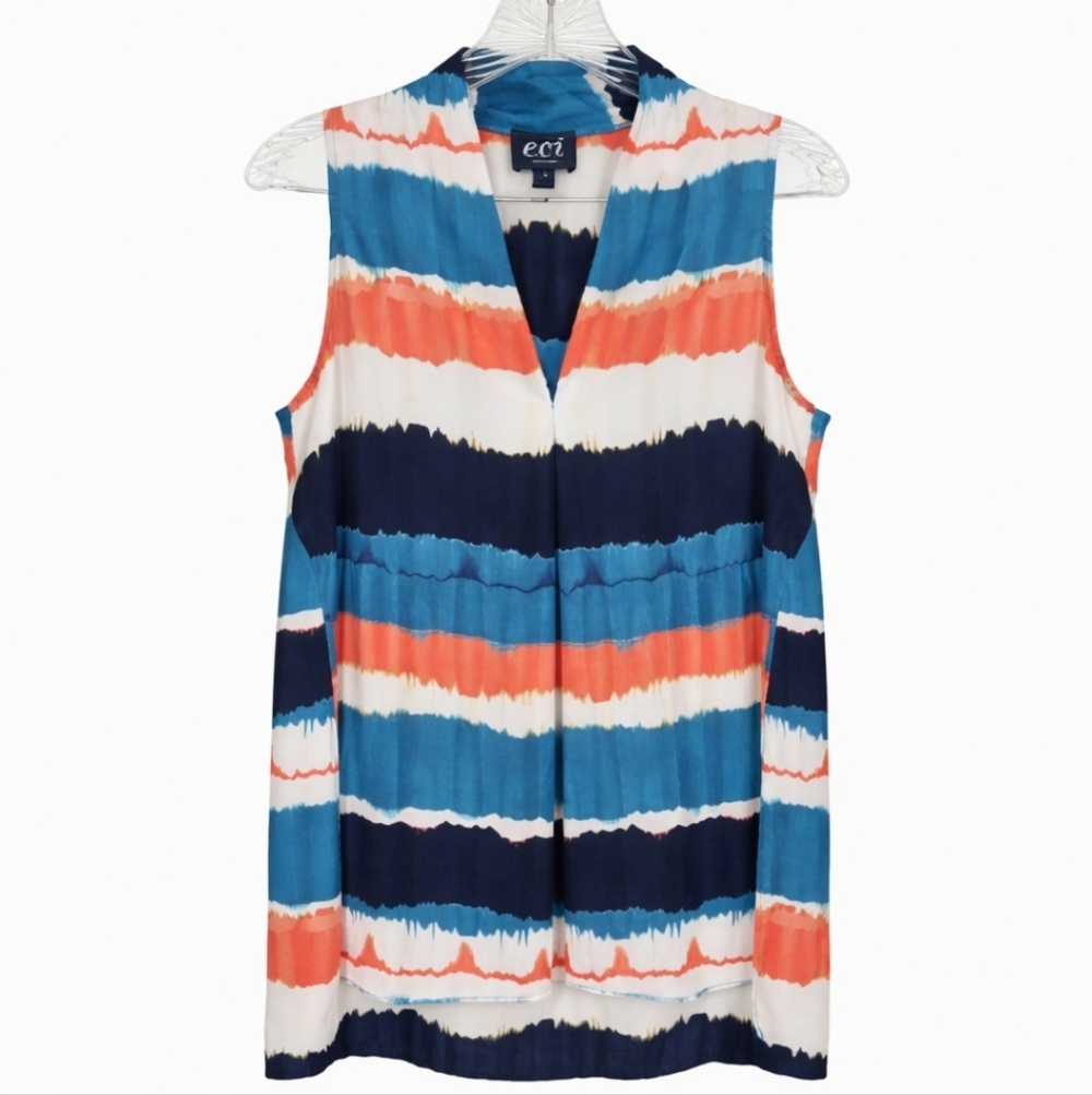 ECI Blue Orange Tie Dye Striped Sleeveless Vneck Blouse Sz Med